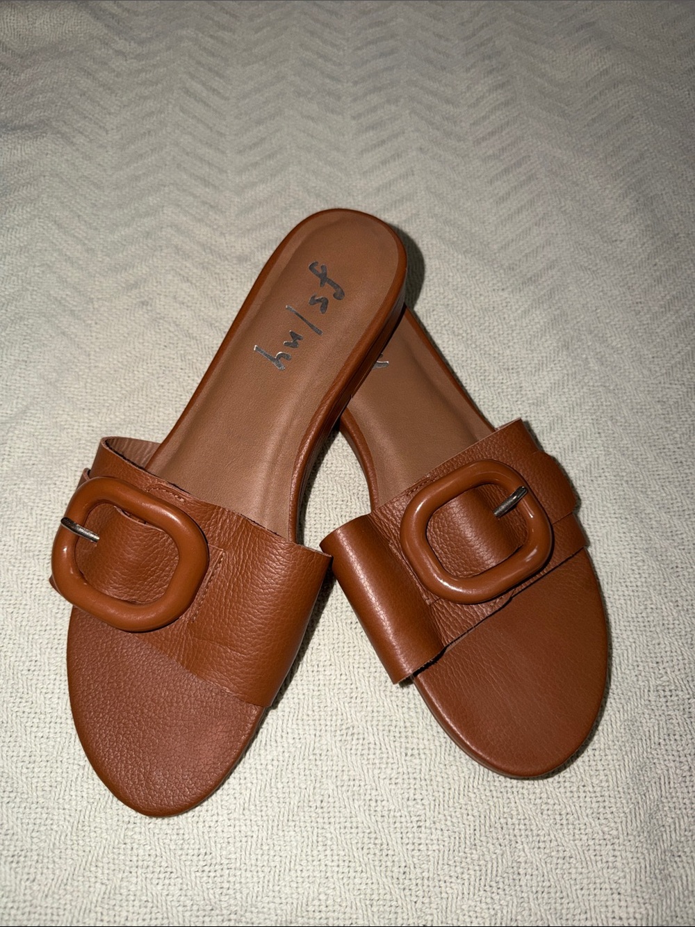 French Sole Cognac Leather Slide Mules with Buckle Accent